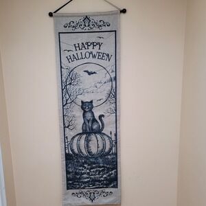 Happy Halloween Wall Hanging tapestry Black Cat Pumpkin Haunted Decor 46" scroll